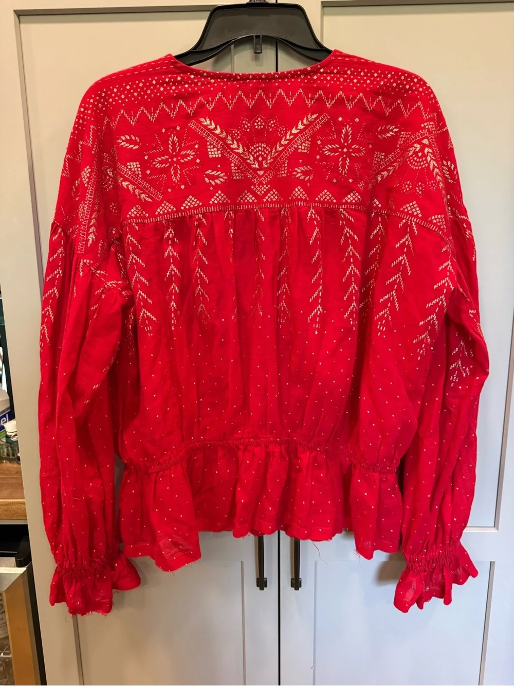 Free People Red Embellished V-Neck Peasant Blouse